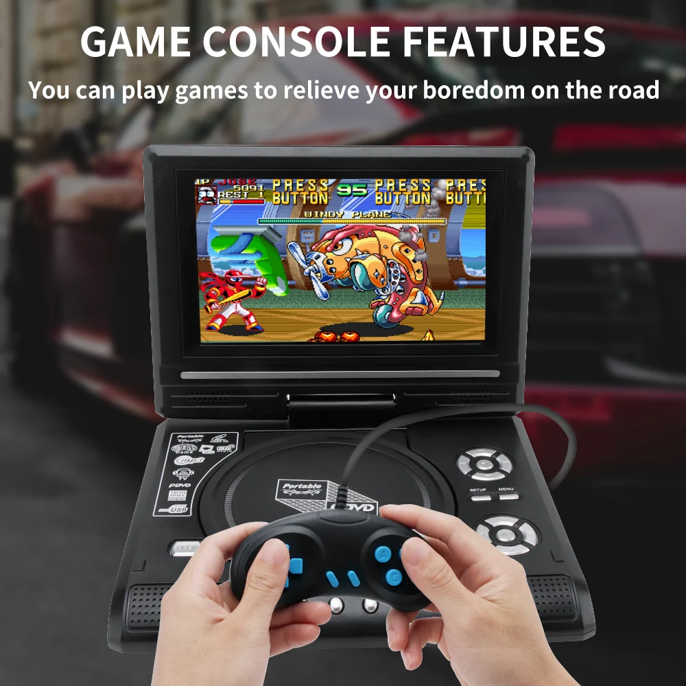 

BORUiT Portable Car DVD Player 7.8 Inch Swivel TV CD Digital Multimedia Player USB SD Cards RCA TV Cable Game Car Charger