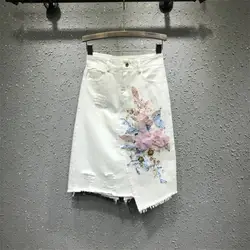 Женская белая джинсовая юбка нашивки Флористический с высокой талией мода весна лето Повседневная A-Line джинсовая юбка r1191