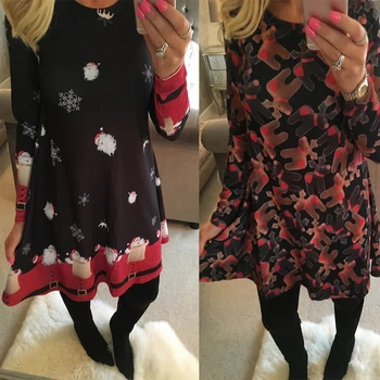 Winter Casual New Year Christmas Mini Dress Women Long Sleeve Floral 2