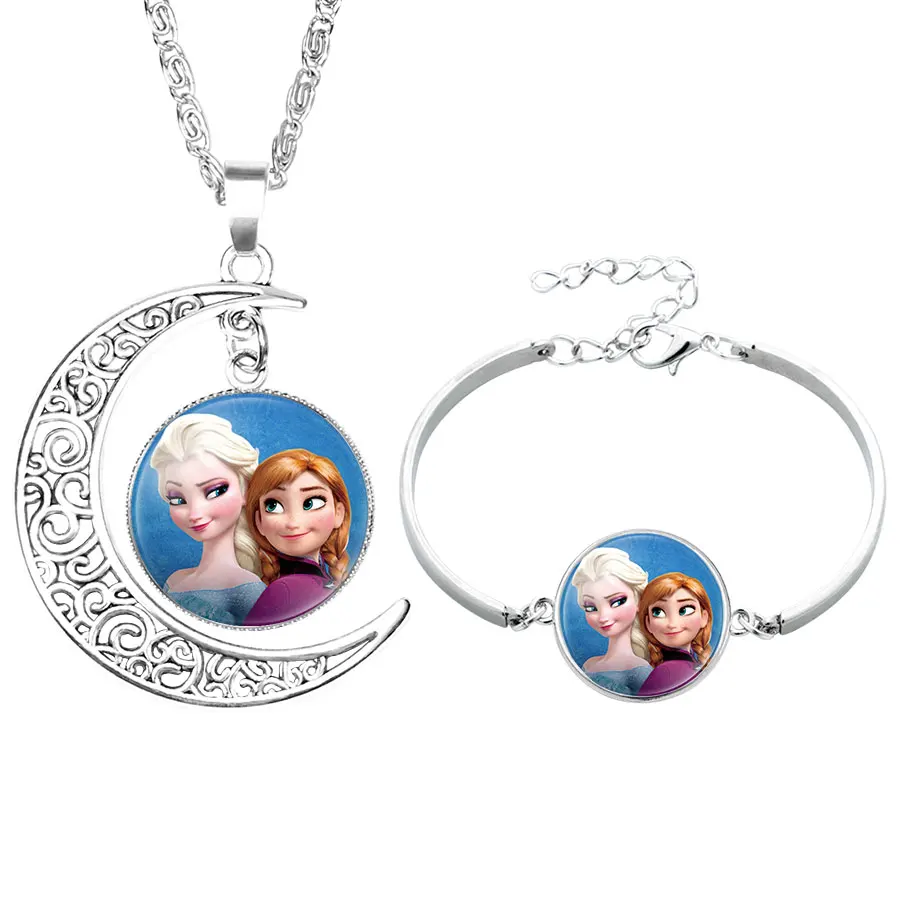 

NingXiang Silver Color Princess Elsa Anna Mermaid Tinker Bell Cinderella Glass Cabochon Necklace Bracelet Jewelry Set For Girls