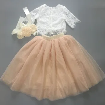 

summer girls clothing set lace vest +straight tutu skirt children guaze princess party outfit for toddler 1-8Yrs Champagne
