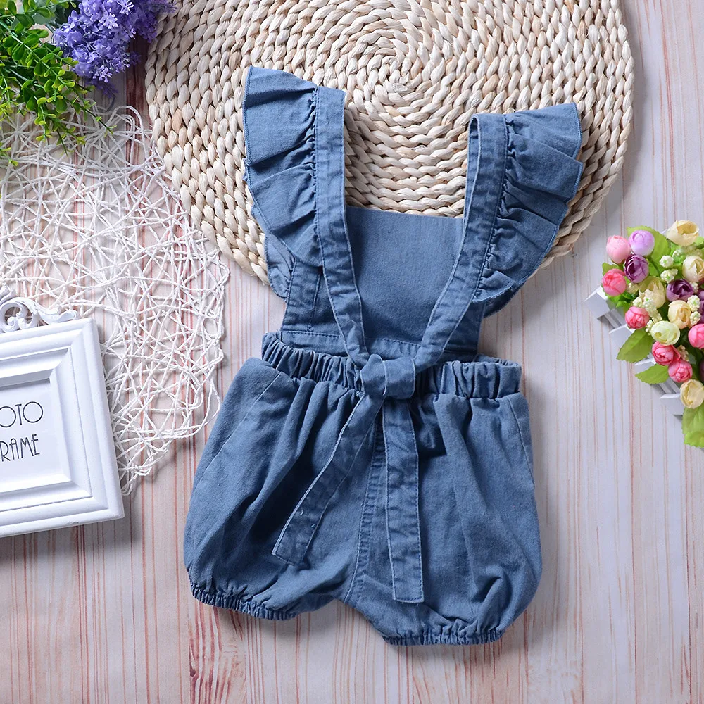 Newborn Infant Baby Girl Denim Ruffles Romper Jumpsuit Sunsuit Outfits