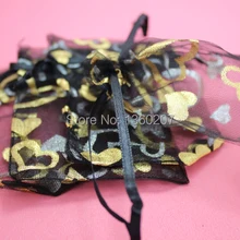 100 шт/партия 9x12 см черные золотые сумки из органзы с сердцем свадебные подарочные пакеты