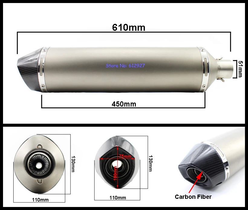 Универсальный входе 51 мм Длина 610 мм мотоцикл глушитель мотоцикл akrapovic глушитель выхлопной трубы для tmax 500/530 и т. д
