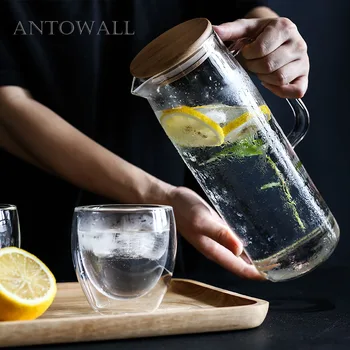 

ANTOWALL High temperature straight body drinking water pot scented tea teapot thick glass juice pot large capacity with wood lid