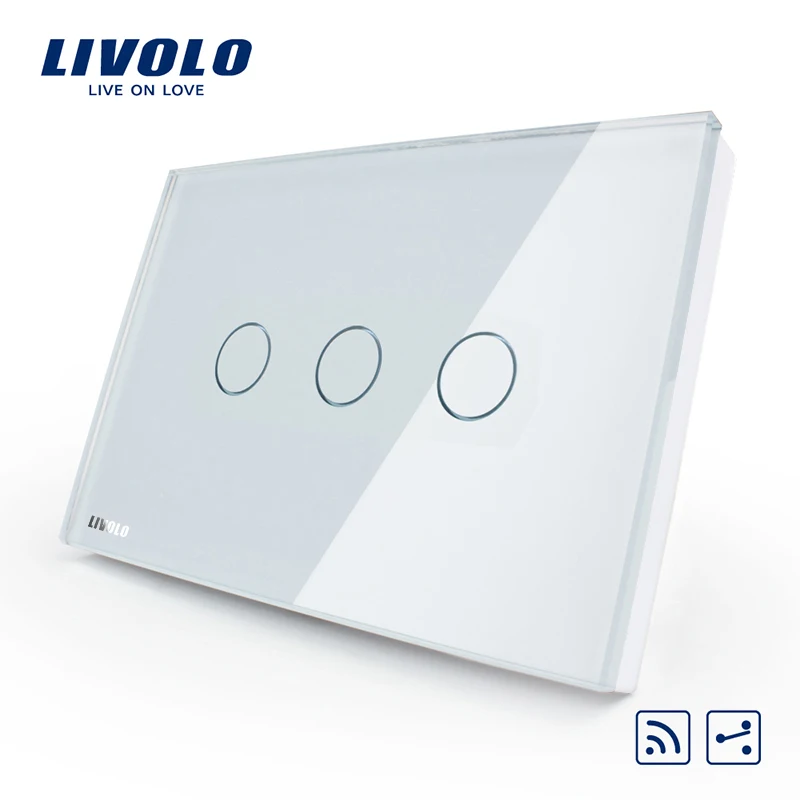 Smart livolo переключатель, стандарт США/AU, VL-C303SR-81, 3-gang 2 способа дистанционного сенсорный выключатель света, с украшением в виде кристаллов Стекло Панель, светодиодный индикатор