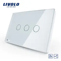 Smart Livolo переключатель, стандарт США/AU, VL-C303SR-81, 3-банды 2-образом удаленный сенсорный выключатель света, кристалл Стекло Панель, светодиодный