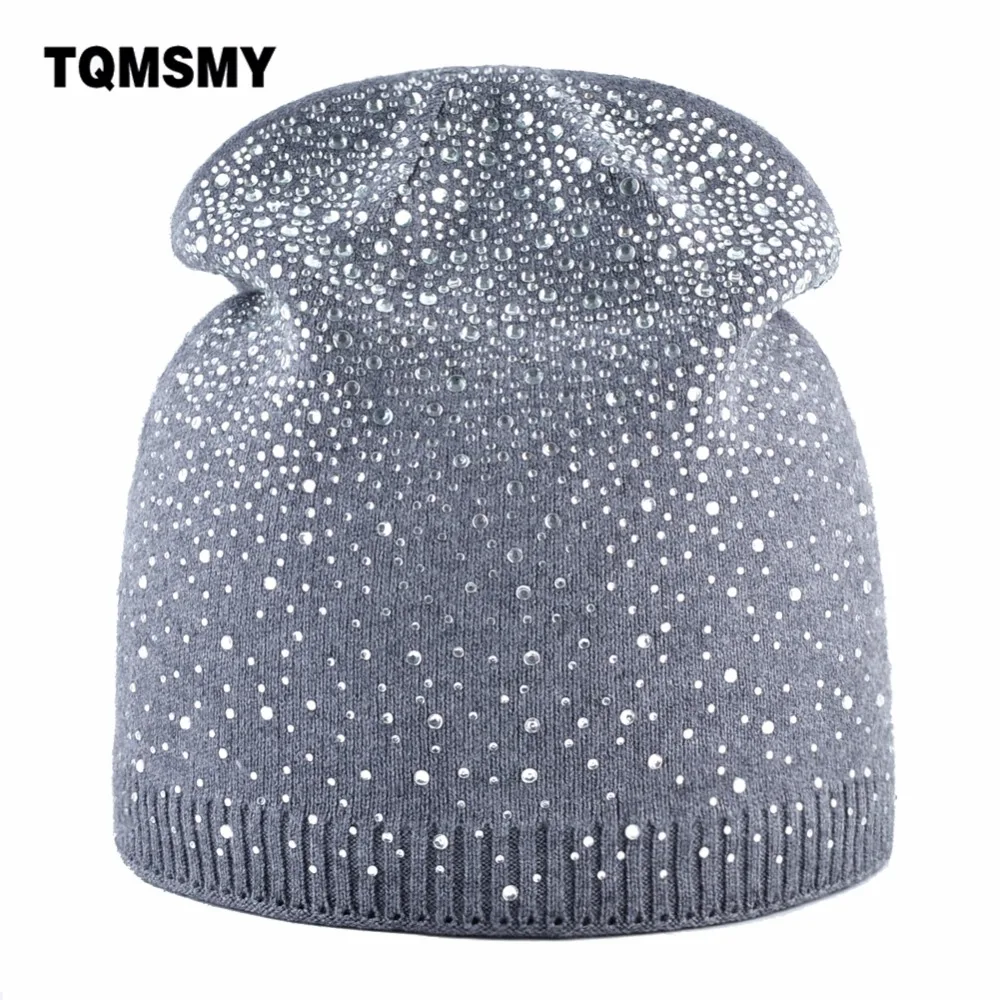 

TQMSMY Winter Hats Women's Wool Knitted Hat Female Thick Warm Full Rhinestones Beanies Hats Women Hats Beanies Skull Cap TMD35