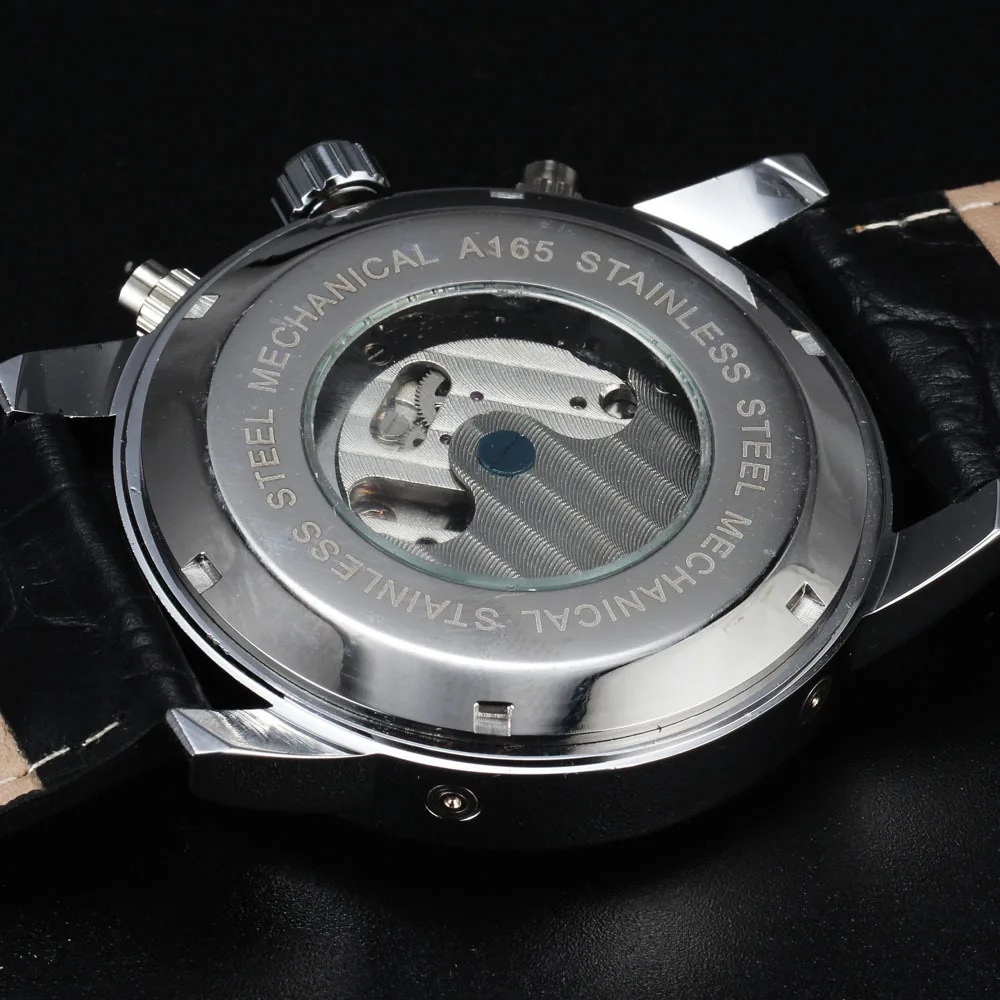 التلقائي الفولاذ الفضة الصلب حالة الأسود جلدية حزام الأبيض Dial اليوم تاريخ سنة شهر عرض الرجال عارضة الميكانيكية ووتش