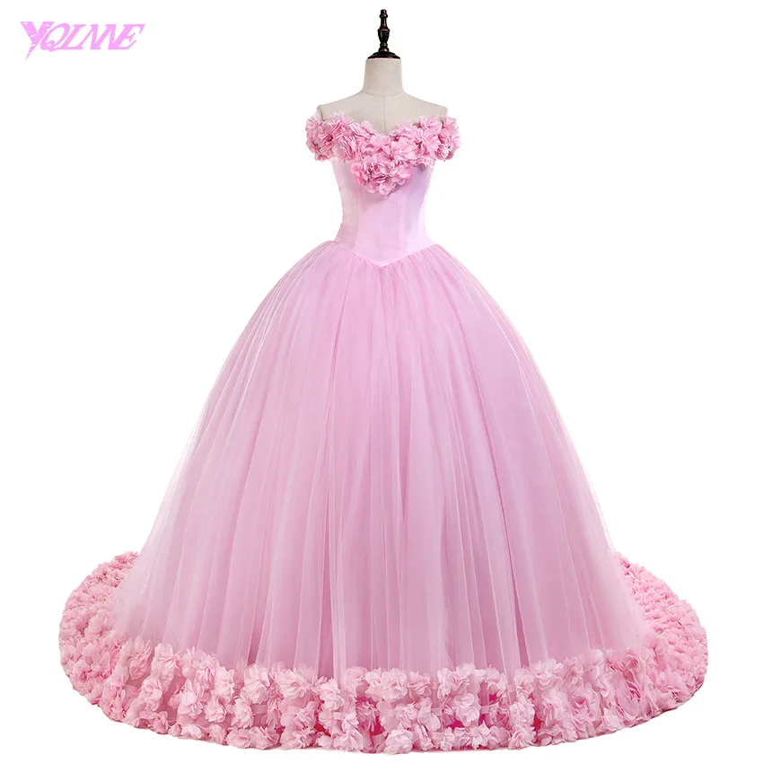 YQLNNE Дебютант с открытыми плечами пышные платья милое 16 платье розовые 3D Цветы Тюль на шнуровке Бальные платья Vestidos De 15 - Цвет: Розовый