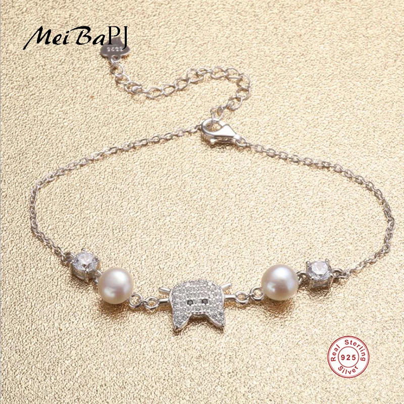 

[MeiBaPJ]Top Quality Natural Freshwater Pearl Kitten Bracelet for Women S925 Sterling Silver Fashion Jewelry Charm Bracelet