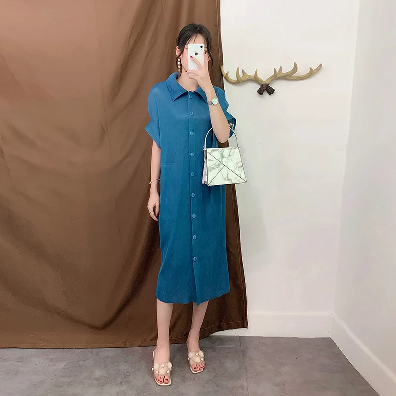 

Plus Size Dress Summer 2019 Women Big Stretch Turn Down Collar Short Sleeves Single Breasted Loose Midi Dress For Woman 45-80kg
