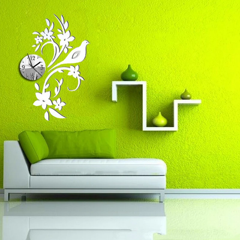 Acrylic Flower Bird Mirror Clock Sticker , Diy Wall Clock Quartz Watch