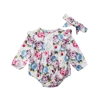 

0-24M Newborn Baby Girls Floral Rompers Long Sleeve Lace Jumpsuit Playsuit + Headband Autumn Spring Baby Girls Costumes Clothes