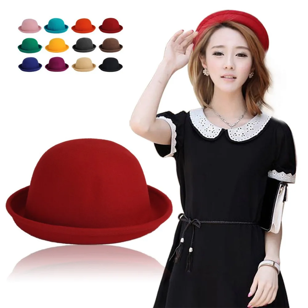 

2018 Solid Vintage cap Women Classic Party Wool Bowler Felt Fedora Derby Hats Roll Up Caps for clothes Accessories