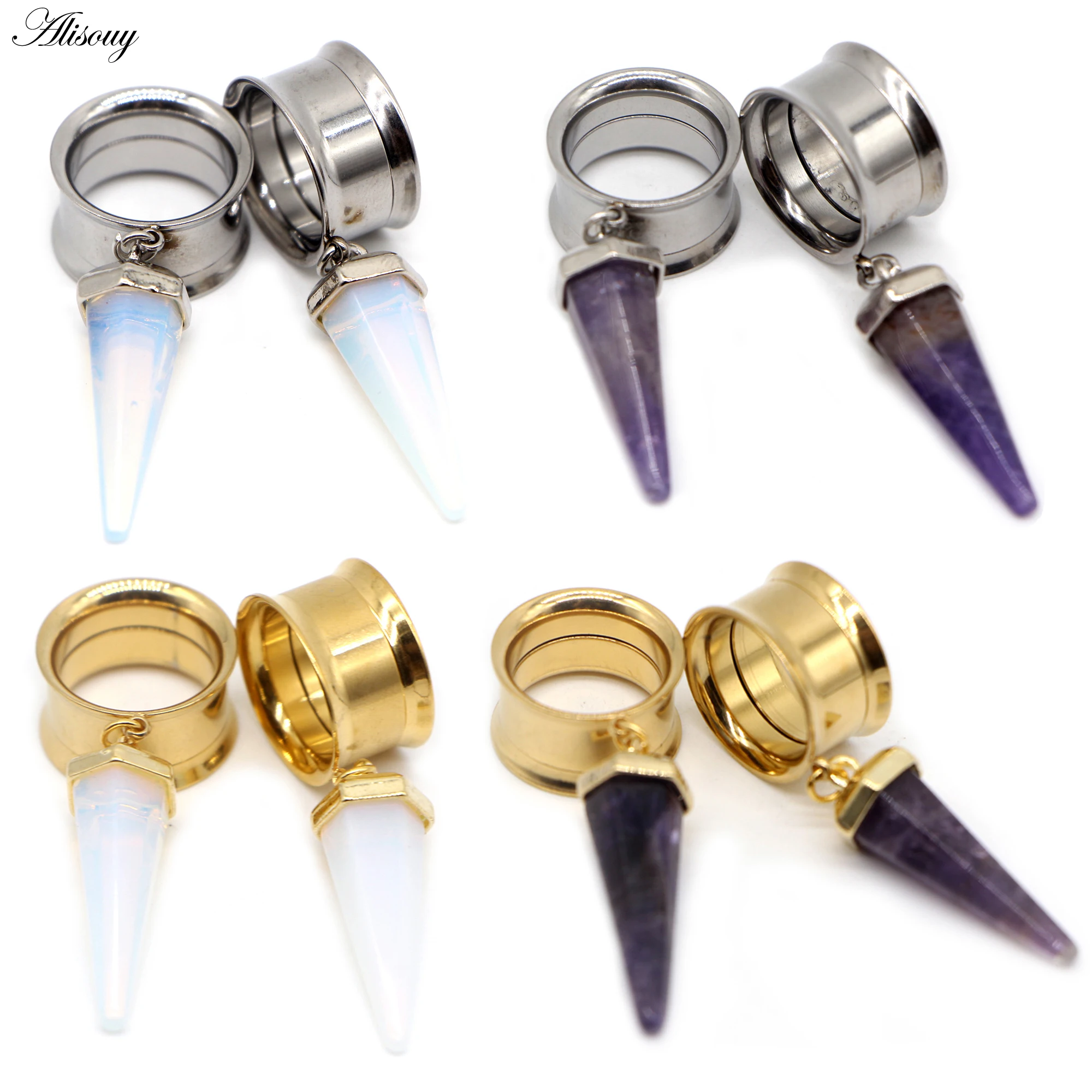 

Alisouy 2pcs Surgical Steel Opal Purple Stone Ear Plug Tunnel Expander Ear Gauges Cone Internally Thread Piercing Body Jewelry