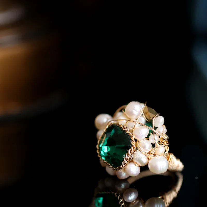 

DAIMI Multi-bead Finger Baroque Freshwater Pearl Ring Pearl Jewelry Handmade Green Crystal Designer Ring Jewelry