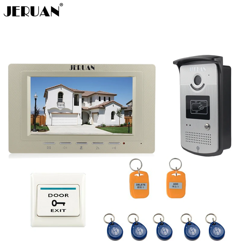 

JERUAN 7 inch LCD Video Intercom Door Phone Entry System RFID Access IR Night Vision Camera +1 Golden Monitor + Exit Button