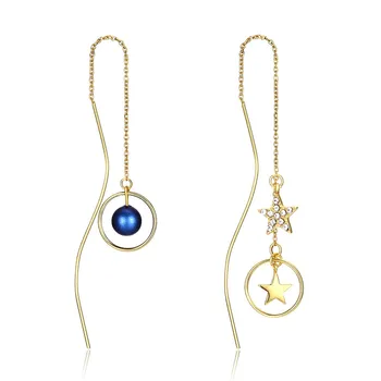 

Asymmetrical Women Drop Earrings 925 Sterling Silver Golden Chain Hoop Star Blue Pearl Dangle Zircon Earrings for Party Lady