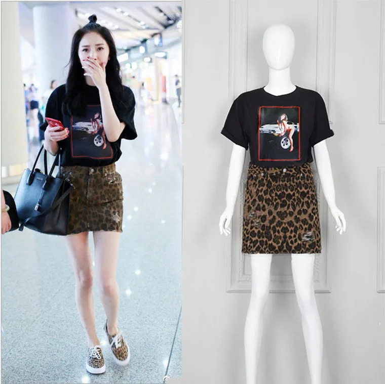 

Spring 2019 The New Yang Mi Airport Street Shot Same Leopard Print Hemiskirt A Short Skirt Wrapped Breech Skirt Women Leopard