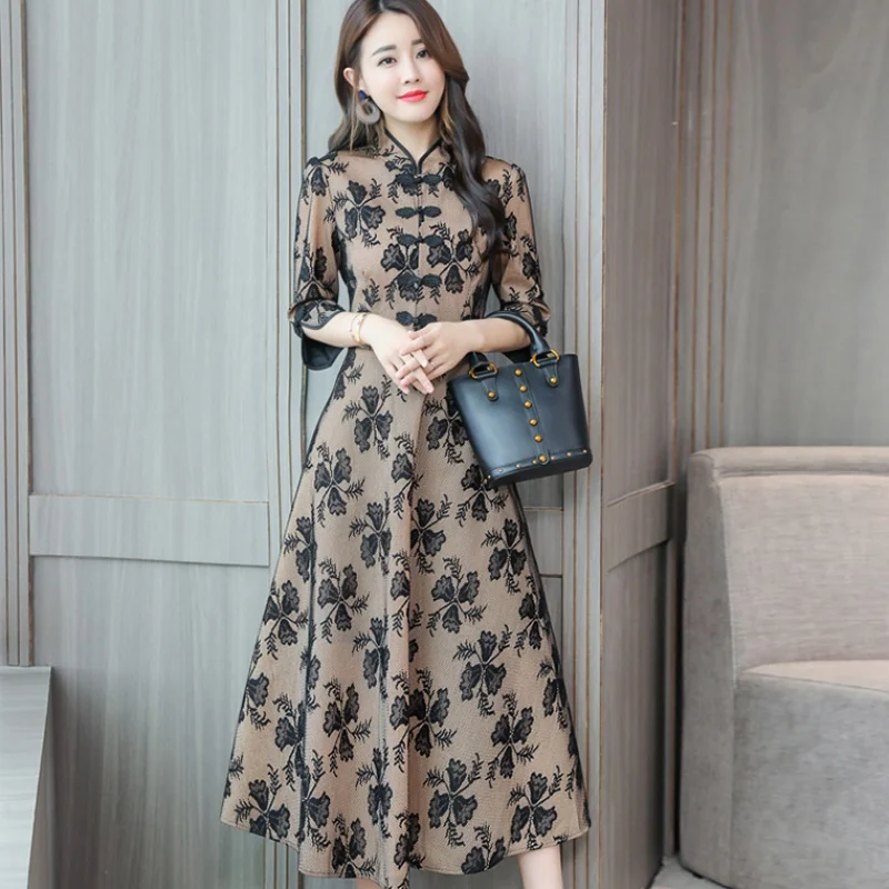 

2019 New elegant Lace dress Korean style spring Large size womens dresses Fashionable female clothing summer slim long dress 868