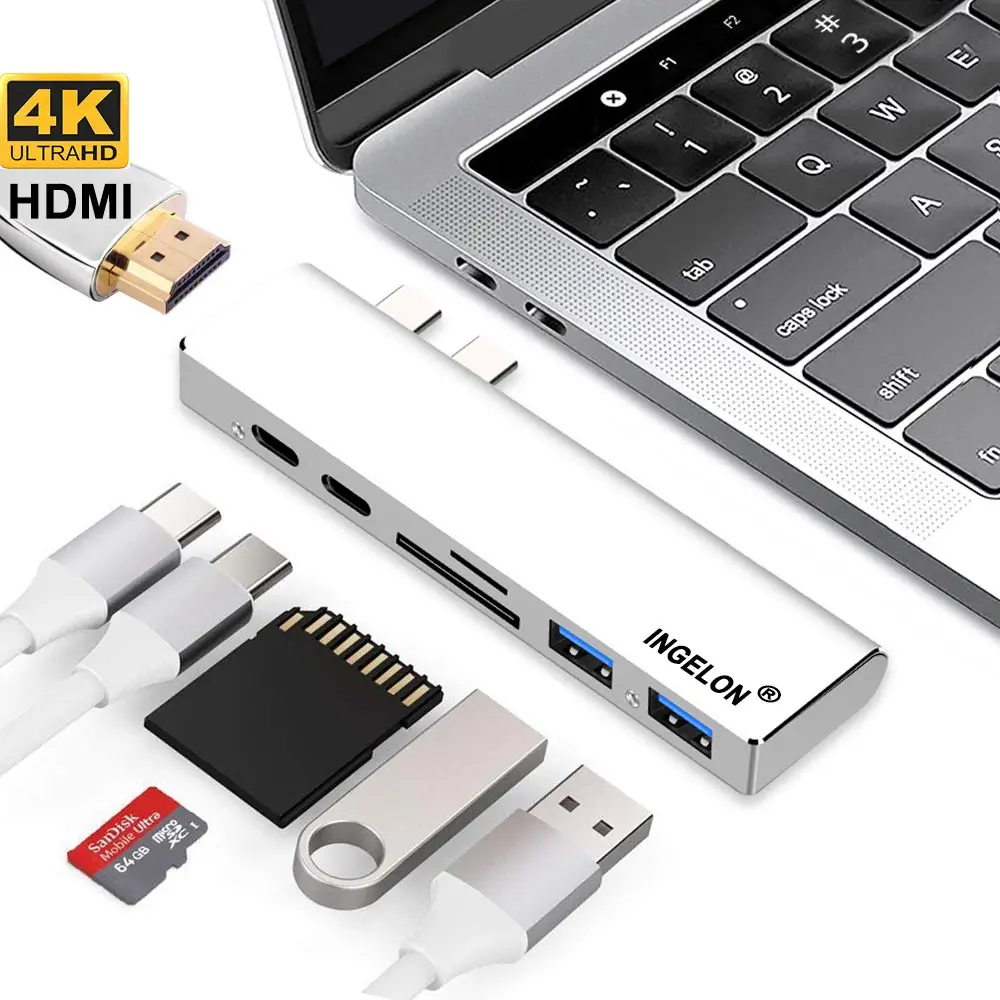 Ingelon multi usb3.0 otg usb hub USB C to HDMI 7in1 Thunderbolt 3 Adapter for MacBook Pro 13 and 15 Double Type C usb 3.0 hub (1)