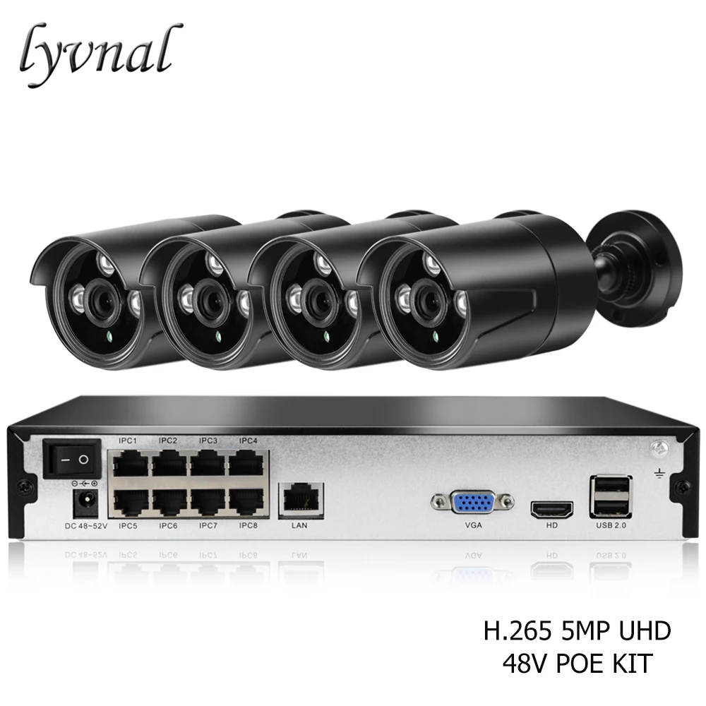 

LYVNAL 5mp ip camera poe kit h.265 16CH NVR UHD 8ch POE nvr kit Security camera bullet waterproof p2p outdoor POE system kit