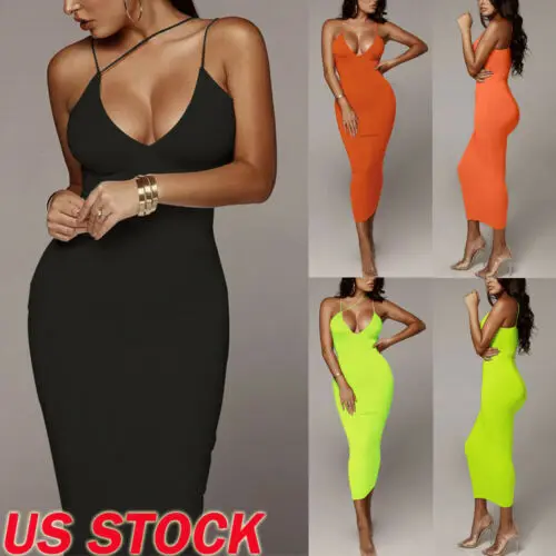 

Women's Summer Boho V Neck Sleeveless Long Maxi Dress Evening Party Beach Bodycon Dresses Sundress Spaghetti Strap Dress