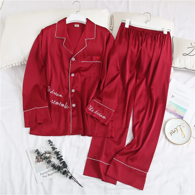 

Casual Satin Men Pajamas Set Sleepwear Turn-down Collar Pocket 2PCS Shirt&Pant Negligee Spring New Intimate Lingerie Nightwear