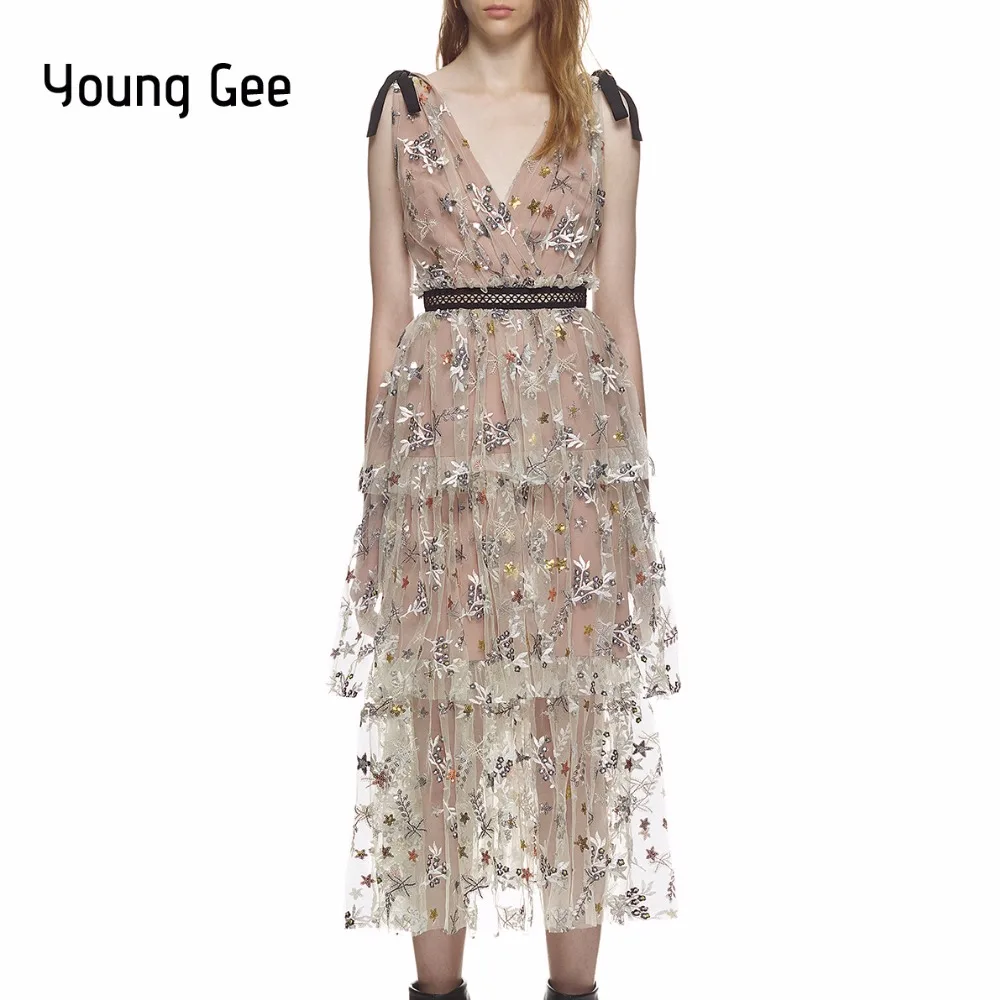 

Young Gee Runway SP Designer Summer Dress Women's Spaghetti Strap Elegant Lace Floral Embroidery Sequined Star Mesh Midi Dresses