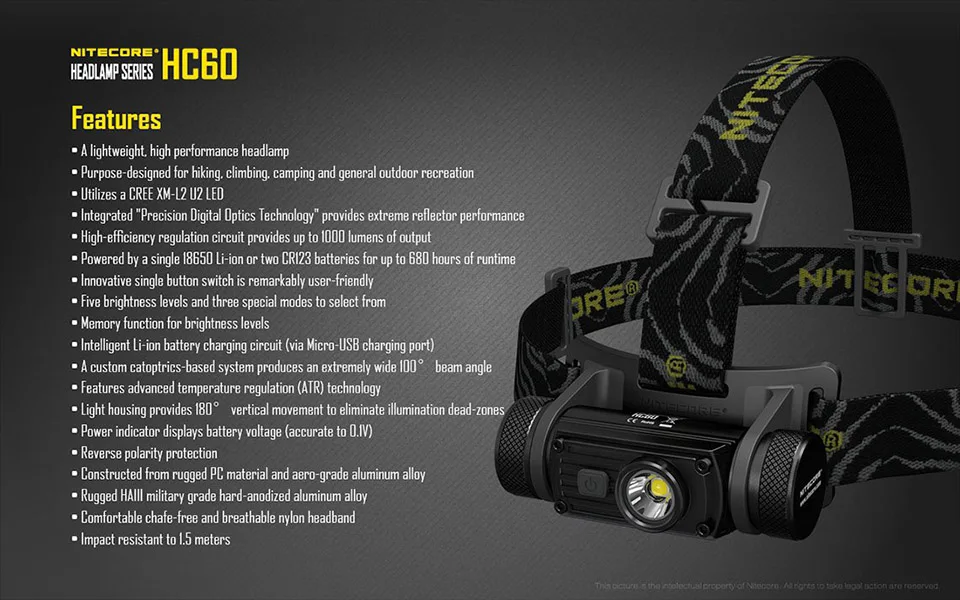 Nitecore HC60/HC60w налобный фонарь CREE XM-L2 U2 1000 люмен, водонепроницаемый светодиодный фонарь для кемпинга и путешествий