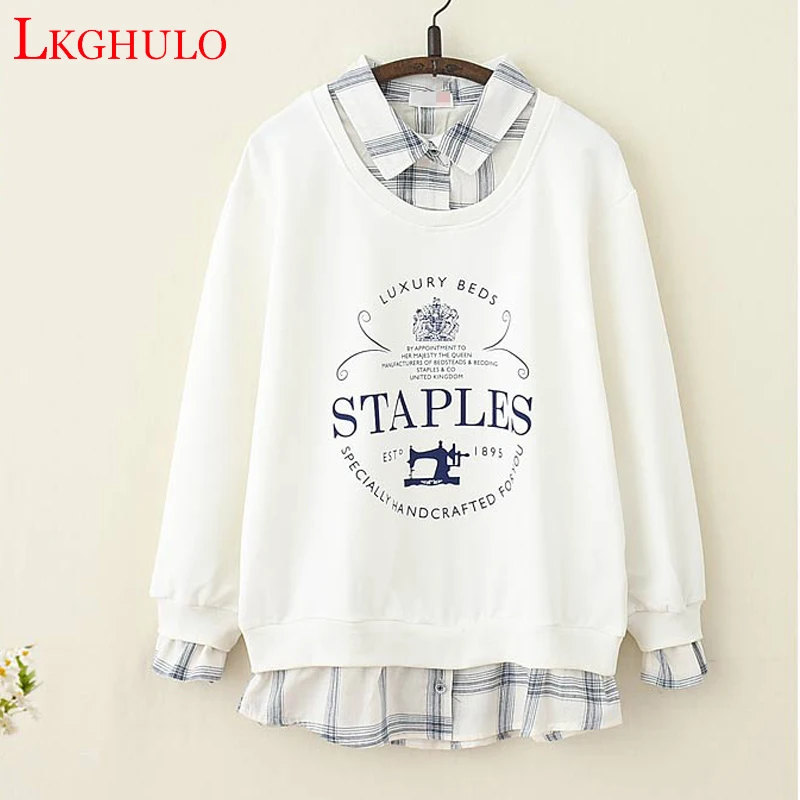 

LKGHULO Patchwork Women Printing Fake two pieces Loose Sweatshirt Women Casual Pullovers Color Long Sleeve Sweatshirts A311
