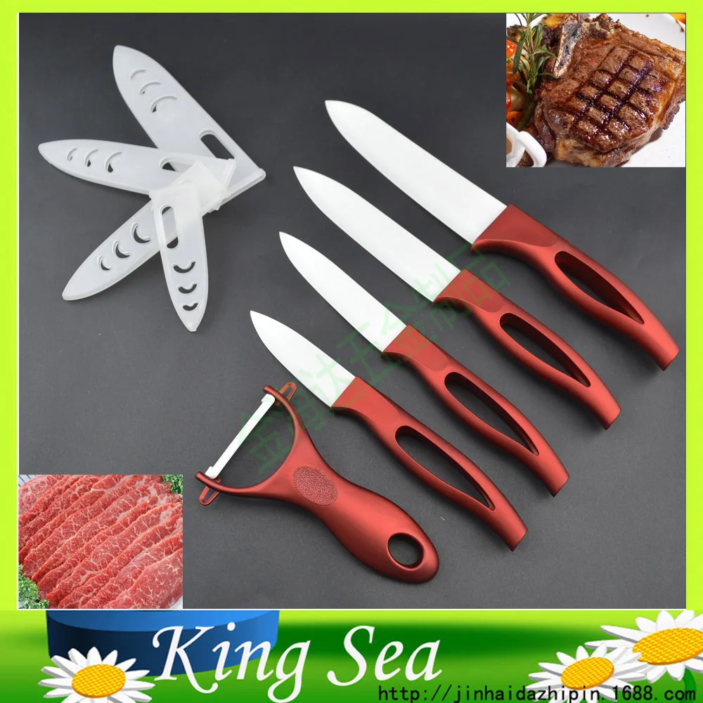 

3"4"5"6" Ceramic knife set with plastic cover, chef/slicing/utility/paring knife set with red soft touch handle,Free shipping