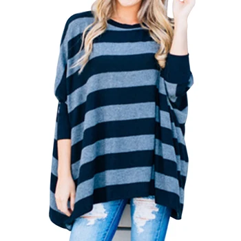 

Women Batwing Long Sleeve Striped Tunic Shirt Loose Fit Round Neck Tops