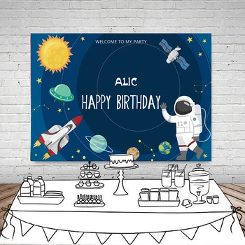 

Astronaut themed party backdrop for boys space ship birthday Decor sweet cake table dessert background photocall studio props