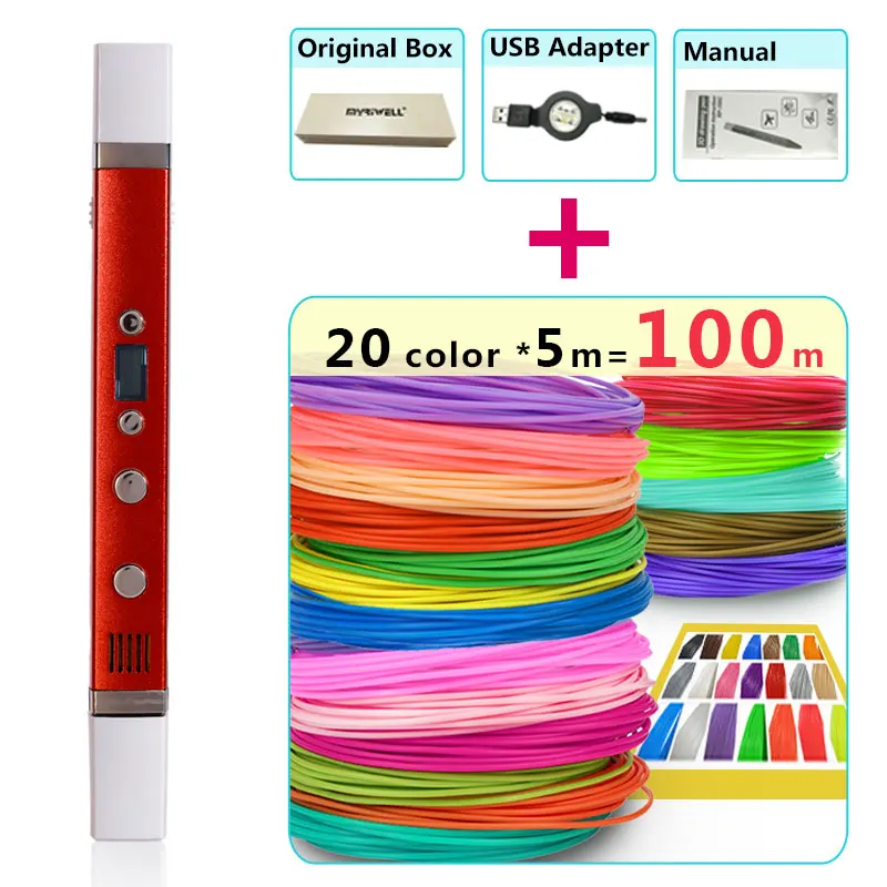 Myriwell 3d ручки+ 20*5 м ABS нити, светодиодный дисплей, usb зарядка, креативная 3d печать ручка подарочный набор 3d Рисунок pen-3d 1,75 мм pla - Цвет: Red pen