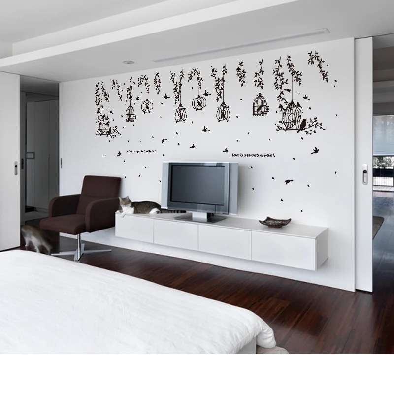 Черный клетка листья силуэт ветка животное птица Цветы наклейки на стену 3d гостиная спальня детские наклейки на стены фрески