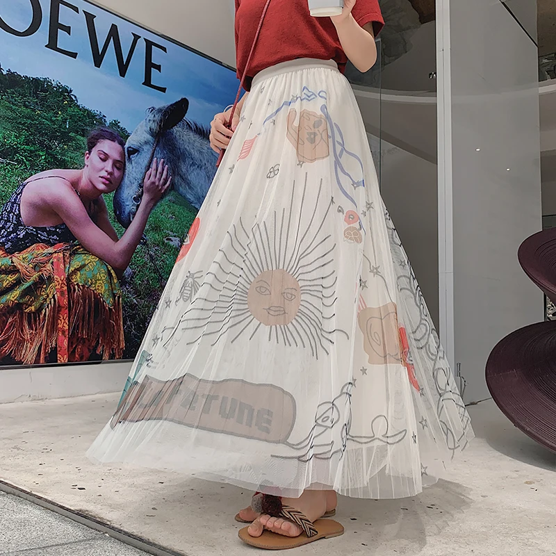 

Early Autumn Printed Long Skirts Womens Retro High Elstic Waist Pleated Mesh Skirt A-Line Tulle Skirt Faldas Mujer Moda 2019