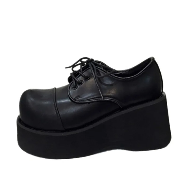 Винтажная обувь на платформе в стиле Харадзюку; обувь на толстой подошве со шнуровкой в стиле ретро - Цвет: 2111-black