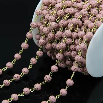 

5Meters,Round Lava stone Wire Wrapped Beaded Brass Chains,6mm Rough Pink Lava Rock Rosary Style Fashion Chains Jewelry Supplies