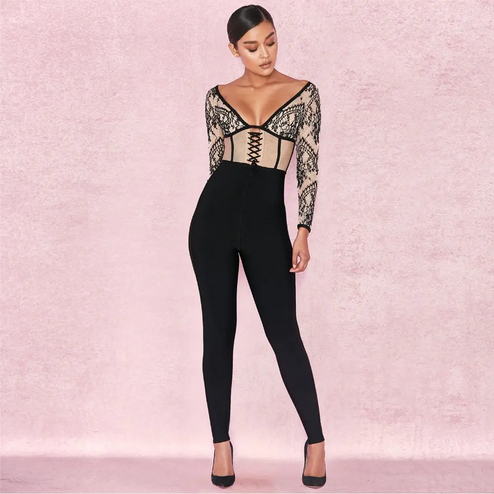 

V-Neck Bandage Dress Sexy Hollow Out Lace Patchwork Fashion Women Evening Party Wear