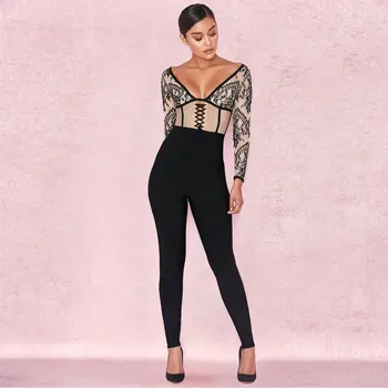 

V-Neck Bandage Dress Sexy Hollow Out Lace Patchwork Fashion Women Evening Party Wear