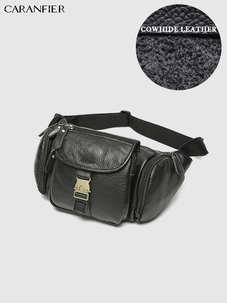 

CARANFIER Mens Waist Pack Genuine Cowhide Leather Large Capacity Shoulder Bags Multi-Function Solid Business Zipper Chest Bags