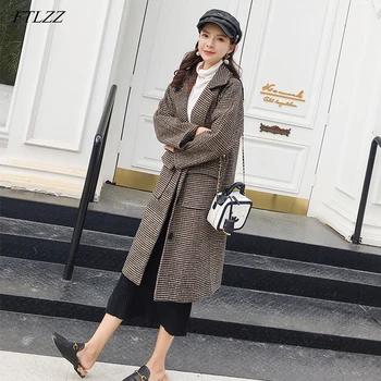 

FTLZZ Women Plaid Wool Coat Winter Loose Long Single Breasted Woolen Coats Female Woolen Overcoat Wool Trench Jackets