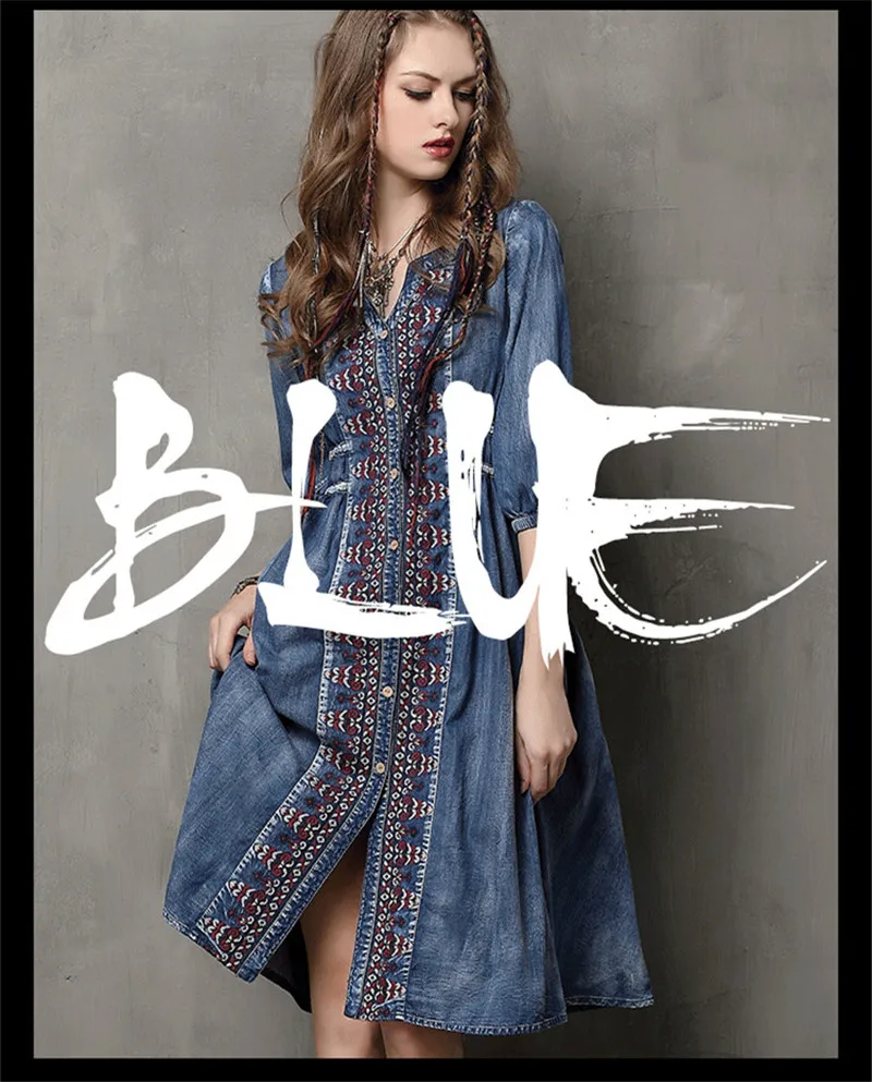Women Denim Dress 2019 Vintage 100% Cotton Dress Half Sleeve V-Neck A-Line All Match Drawstring Loose Women Dresses Vestidos (1)