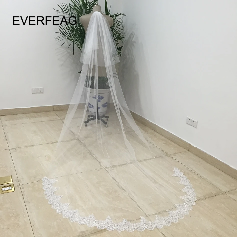 

Hot White Ivory 3M Lace Cathedral Wedding Veil With Comb Sequins Bridal Veils veu de noiva longo com renda Free Shipping