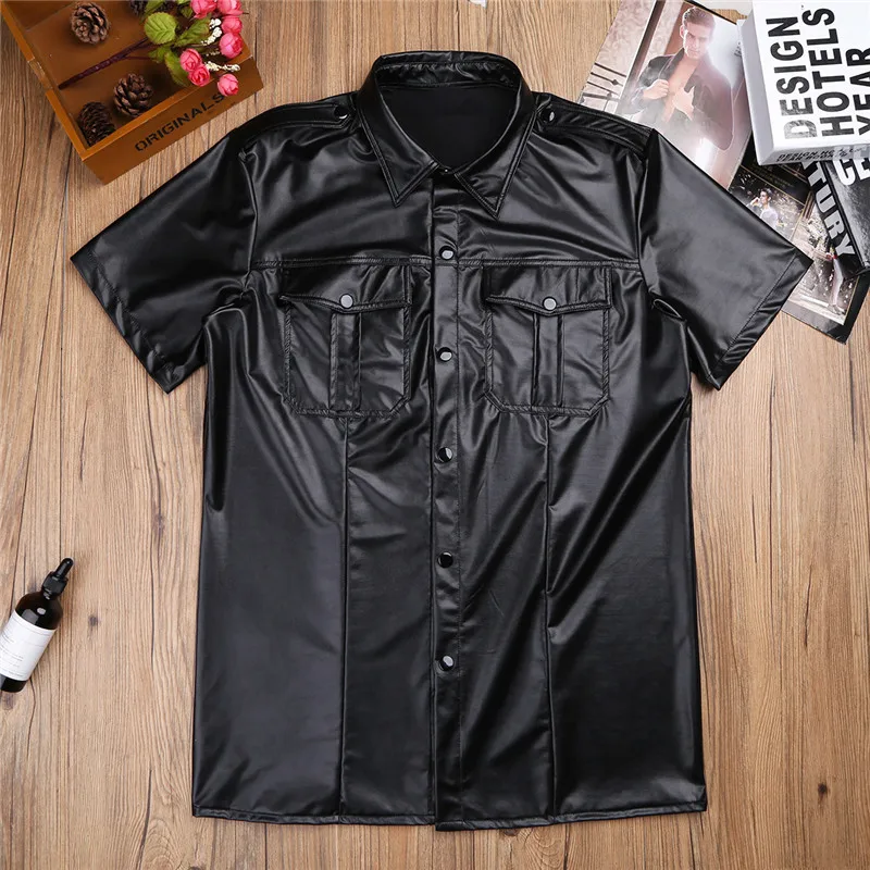 Mens sexy Soft faux leather t shirts Male black Tees tight shirts Undershirts As Police Uniform Shirt Tops with Down Collar