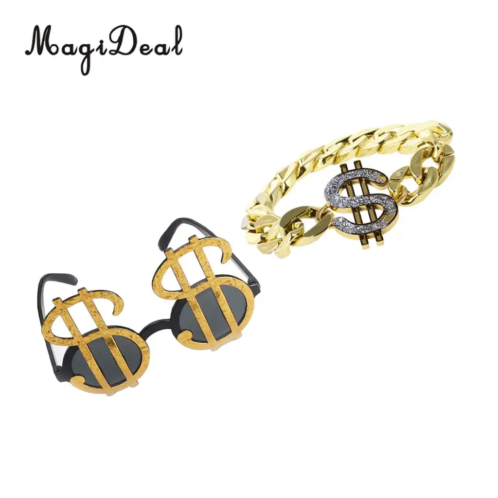 

MagiDeal Pack of 2pcs Big Daddy Pimp Costume Bling USD Dollar Signs Sunglasses Glasses Money Bracelet Fancy Dress DJ Accessories