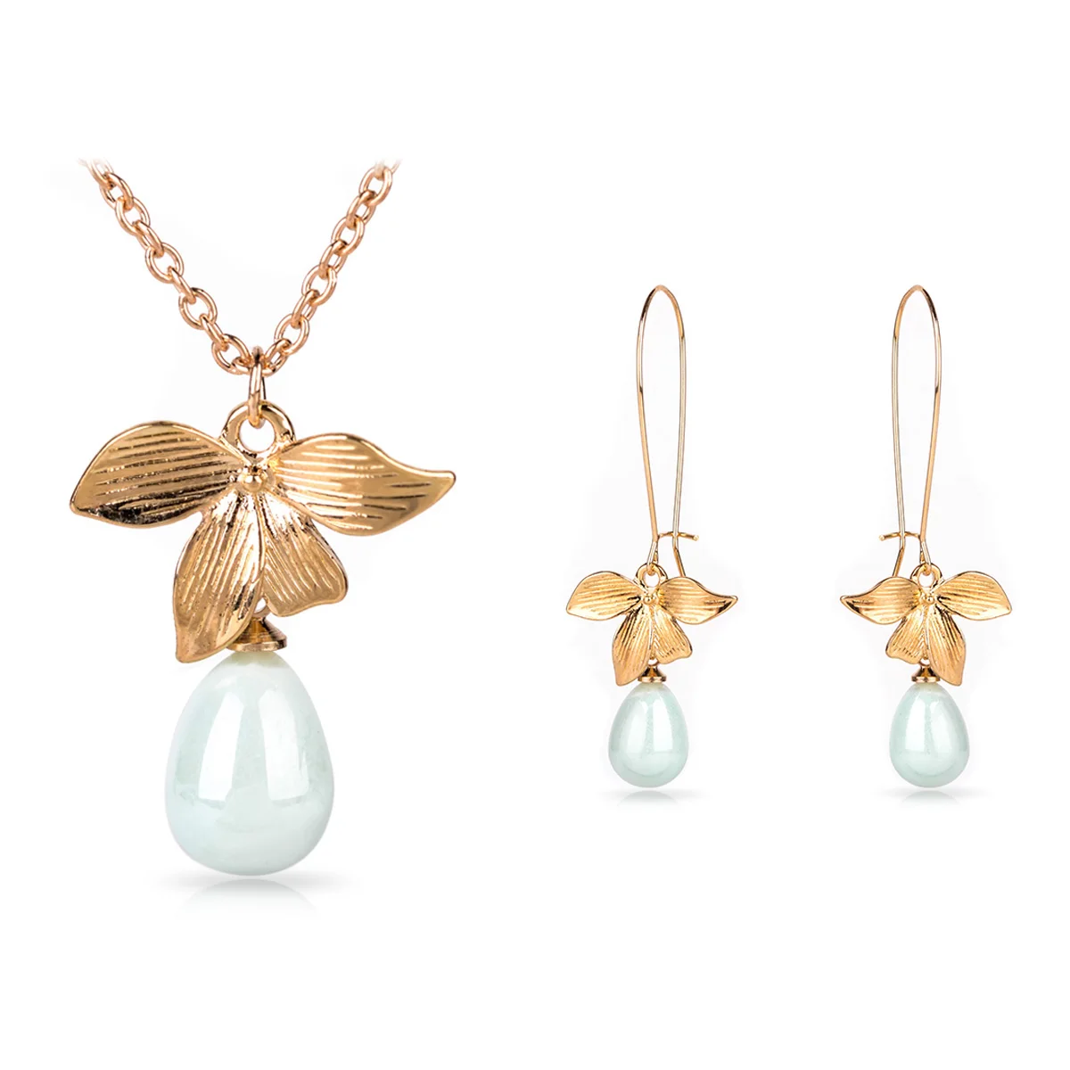 Vintage Orchid Flower Chain Pendant Necklace Earring Shellhard