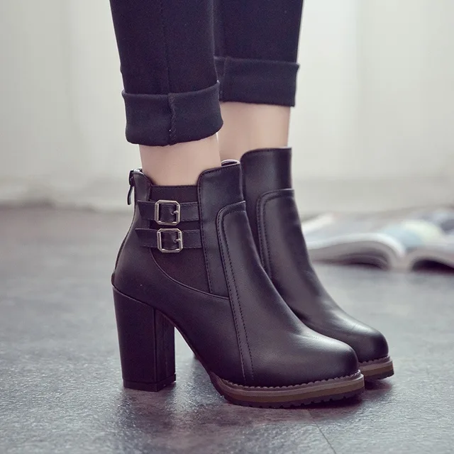 Botas de piel sintética con tacón alto para mujer, botines a la moda, color  negro y marrón, de talla grande, 41, 42 y 43, para invierno|Botas hasta el  tobillo| - AliExpress